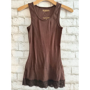 NWT Y2K Kirra extra long ribbed Tank Top with lace trim Brown Size Small